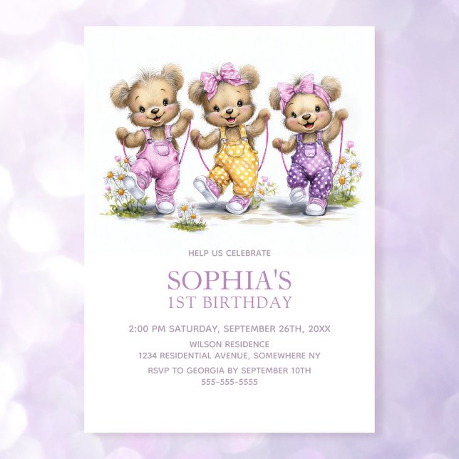 Cute Girl Teddy Bears Jump Rope 1st Birthday Party Einladung (Von Creator hochgeladen)