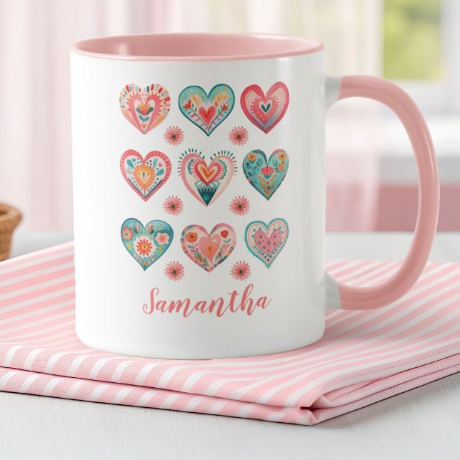 Cute Girl Watercolor Valentine Hearts Tasse (Cute painted watercolor hearts decorate this mug. Personalize it for a fun Valentines Day Gift.)