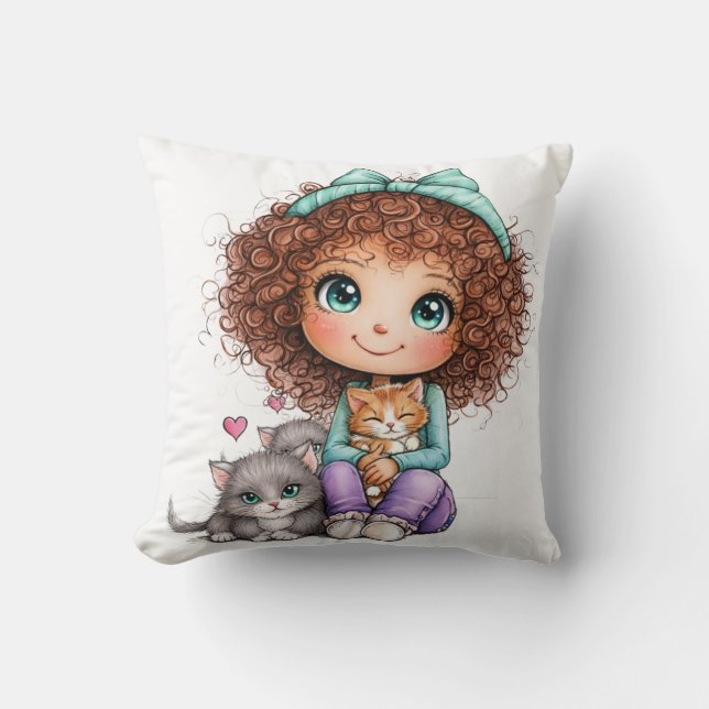 Cute Girl with Kittens Kawaii Cozy Art Kissen (Vorderseite)