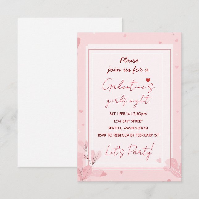 Cute Girls Night Galentine Pink Party Invitation RSVP Karte (Vorne/Hinten)