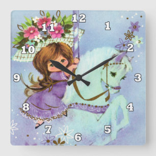 Cute girls room carousel horse wall decor clock quadratische wanduhr