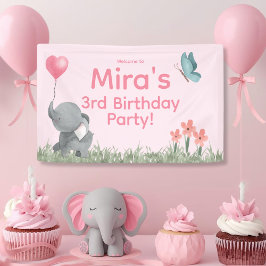 Cute Girly and Pink Elephant Birthday Party  Banner