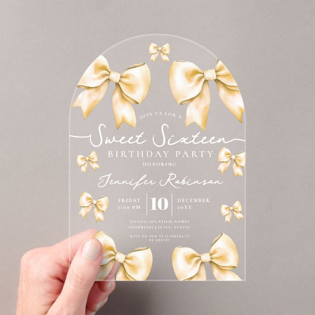 Cute Girly Coquette Bow Sweet 16 Birthday Gold  Acryleinladungen (Insitu (Handheld))