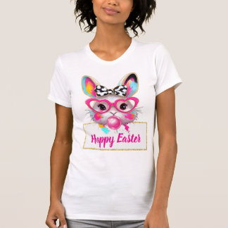 Cute Girly Easter Bunny Pink Heart Glasses Custom T-Shirt
