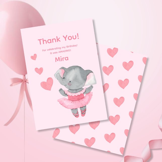 Cute Girly Elephant Ballerina Birthday Party  Dankeskarte (Von Creator hochgeladen)