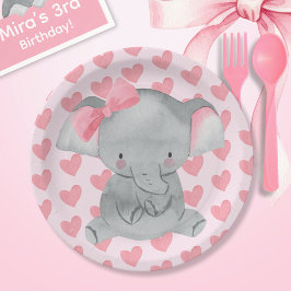 Cute Girly Elephant Pink Bow Birthday Party  Pappteller