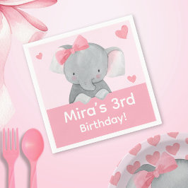 Cute Girly Elephant Pink Bow Birthday Party  Serviette