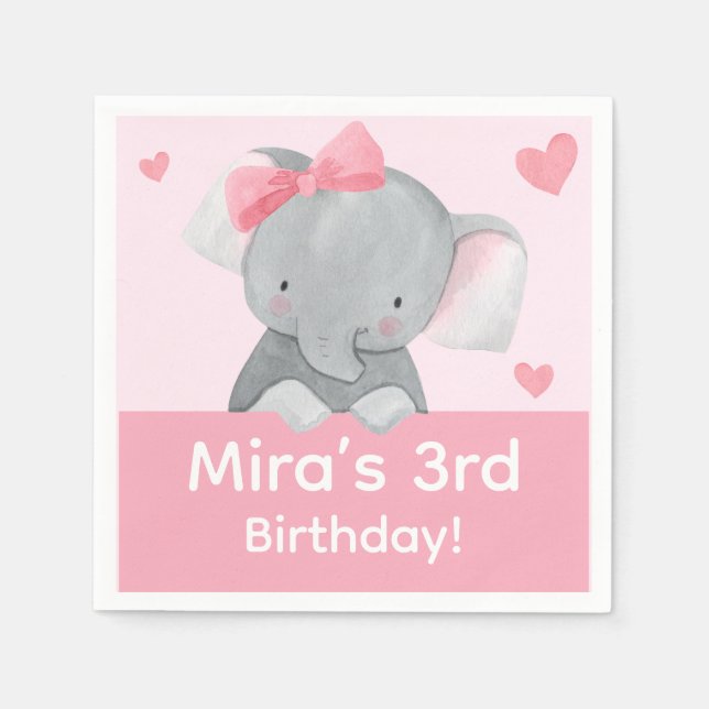 Cute Girly Elephant Pink Bow Birthday Party  Serviette (Vorderseite)