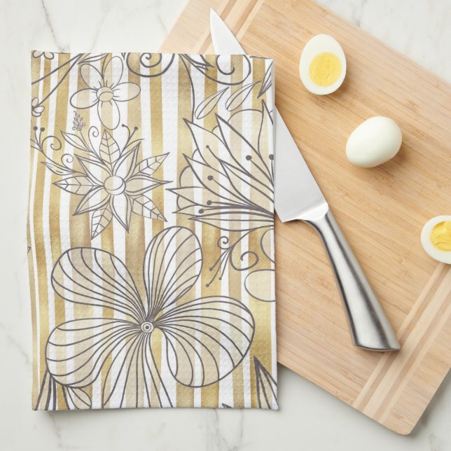 Cute Girly Gray Floral Doodles Gold Stripes Design Geschirrtuch (Viertel Falte)