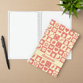 Cute Girly Modern Pink Checkered Icons Pattern Notizbuch
