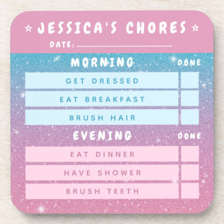 Cute Girly Pink Blue Glitter Kids Daily Chores 3x3 Getränkeuntersetzer