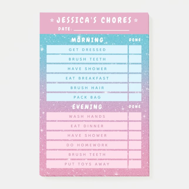 Cute Girly Pink Blue Glitter Kids Daily Chores 4x6 Post-it Klebezettel (Vorderseite)