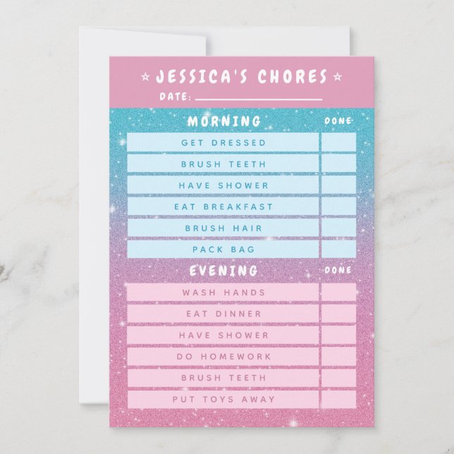 Cute Girly Pink Blue Glitter Kids Daily Chores  Einladung (Vorderseite)