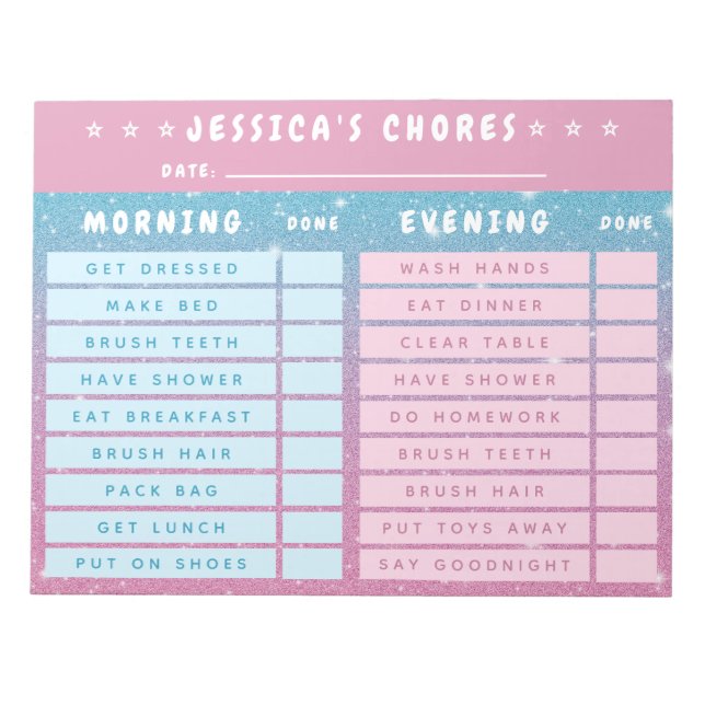 Cute Girly Pink Blue Glitter Kids Daily Chores Notizblock (Vorderseite)