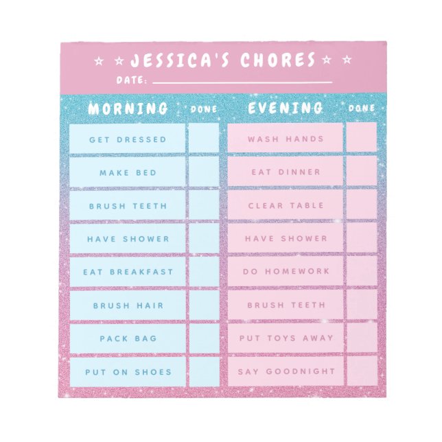 Cute Girly Pink Blue Glitter Kids Daily Chores Notizblock (Vorderseite)