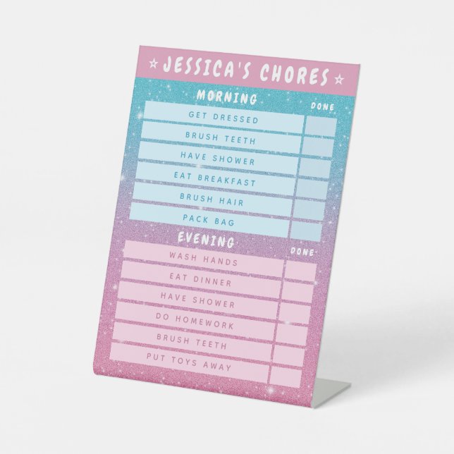 Cute Girly Pink Blue Glitter Kids Daily Chores  Sockelschild (Vorderseite)