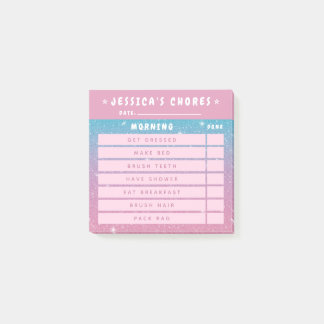 Cute Girly Pink Glitter Kids Morning Chores 3x3 Post-it Klebezettel