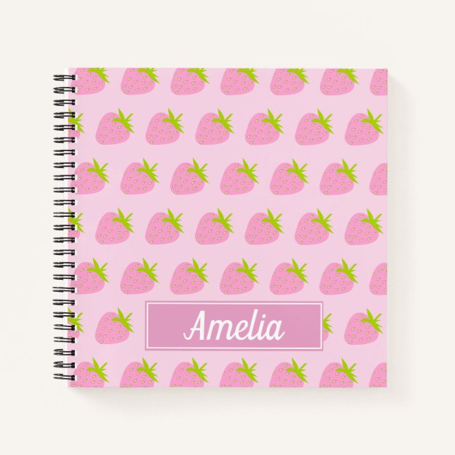 Cute Girly Pink Strawberry Pattern Personalised Notizbuch (Vorderseite)