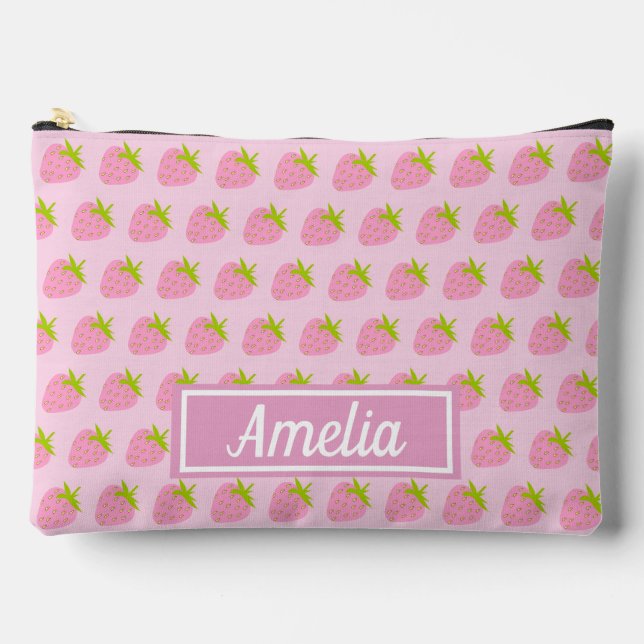 Cute Girly Pink Strawberry Pattern Personalised Zubehörtasche (Vorderseite)