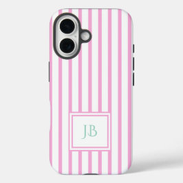 Cute Girly Pink Striped Personalized Initial iPhone 16 Hülle