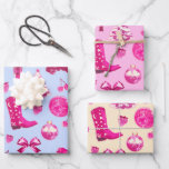 Cute Girly Preppy Pink Christmas Blue Beige Geschenkpapier Set<br><div class="desc">Girly and preppy pink Christmas theme that goes beyond traditional holiday ideas is definitely this year's trend. Cowgirl boot, roller skate from the 70s, glittery disco ball and cherries, sweet strawberry, Nutcracker in pink, glam fluffy hot pink Christmas tree and satin bow tie and bauble and there's your stylish and...</div>
