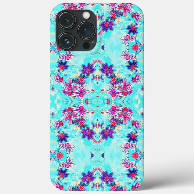 Cute Girly Purple Flower Pattern on Aqua Blue Case-Mate iPhone Hülle (Rückseite)