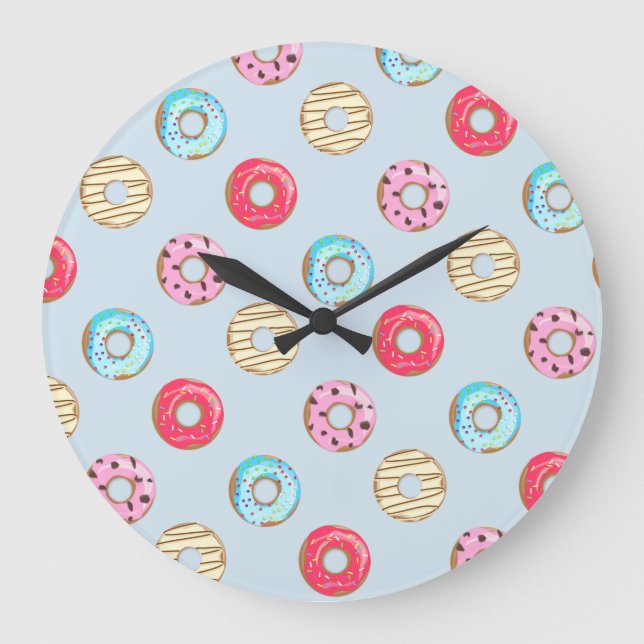 Cute Glazed Donut Pattern Light Blue Große Wanduhr (Vorderseite)