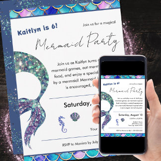 Cute Glitter Mermaid Girls Birthday Party Einladung