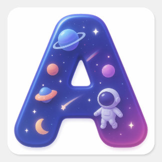 Cute Glossy Space Alphabet Letter A – Galaxy Theme Quadratischer Aufkleber