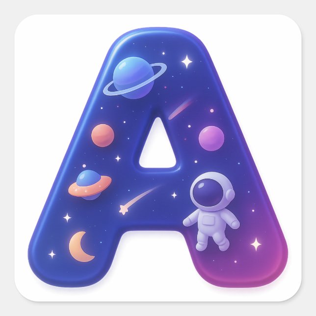 Cute Glossy Space Alphabet Letter A – Galaxy Theme Quadratischer Aufkleber (Vorderseite)