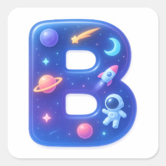 Cute Glossy Space Alphabet Letter B – Galaxy Theme Quadratischer Aufkleber