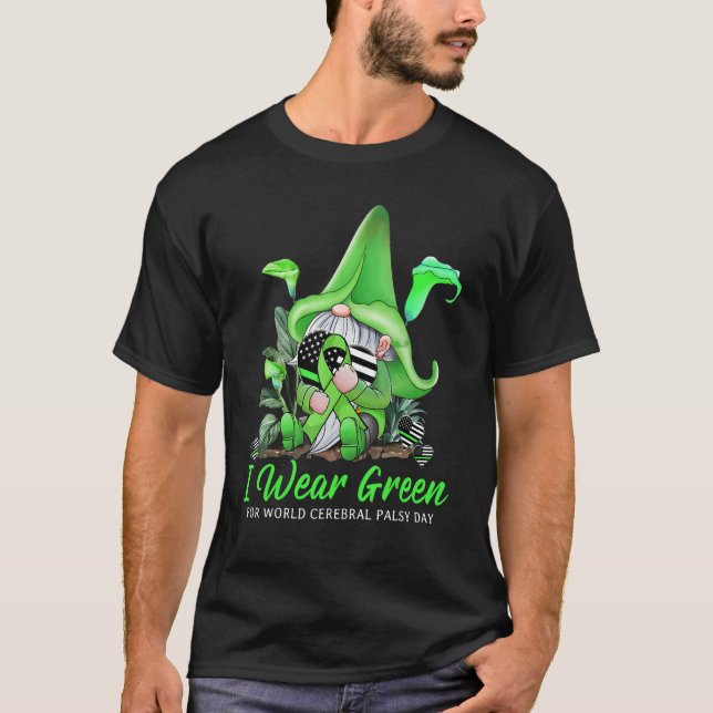 Cute Gnome Holding Green Ribbon World Cerebral Pal T-Shirt (Vorderseite)