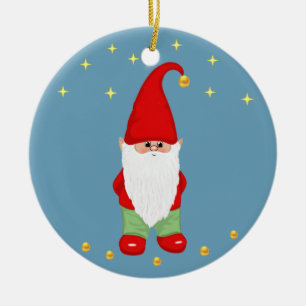 Cute Gnome, Stars and Gold Confetti on Sky Blue Keramik Ornament
