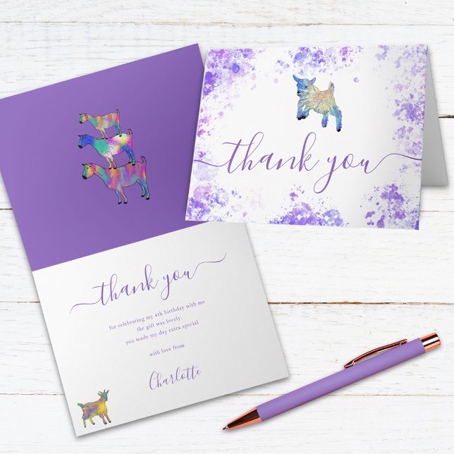 Cute Goats Farm Birthday Party Dankeskarte (Colorful Watercolor goat farm theme kids birthday party thank you card)