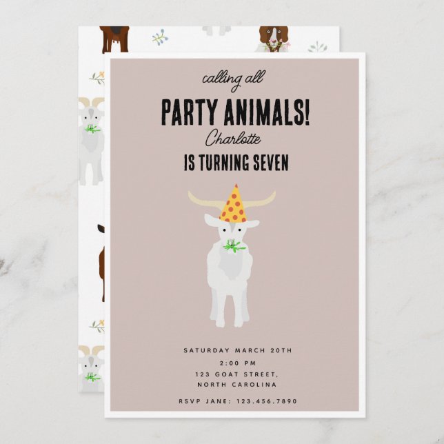 Cute Goats Farm Party Animals Goat Birthday Theme Einladung (Vorne/Hinten)