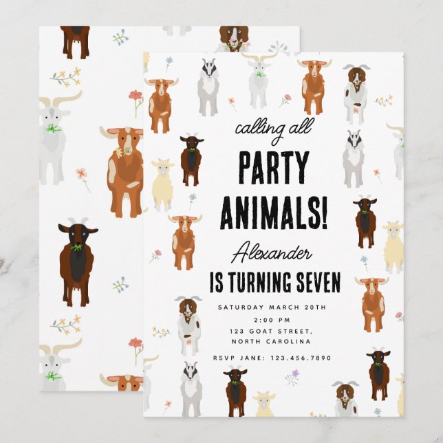 Cute Goats Farm Party Animals Goat Birthday Theme Einladung (Vorne/Hinten)