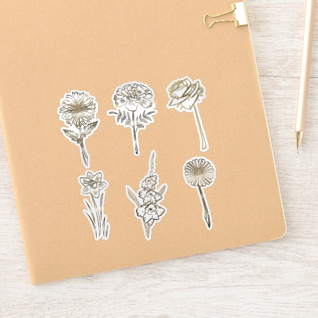 Cute Gold Abstract Flowers Drawing Aufkleber (Notizbuch)