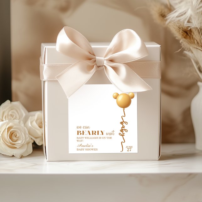 Cute Gold Bear Balloon Bearly Wait Neutral Quadratischer Aufkleber (Von Creator hochgeladen)