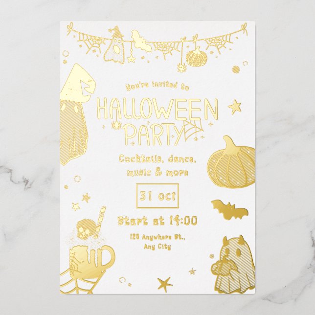 Cute Gold Spooky  Halloween Party Folieneinladung (Vorderseite)