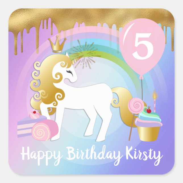 Cute Gold & White Unicorn Treats Birthday Quadratischer Aufkleber (Vorderseite)