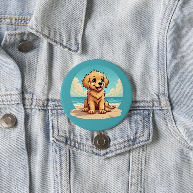 Cute Golden Puppy at Sunny Beach Scene Button (Beispiel)