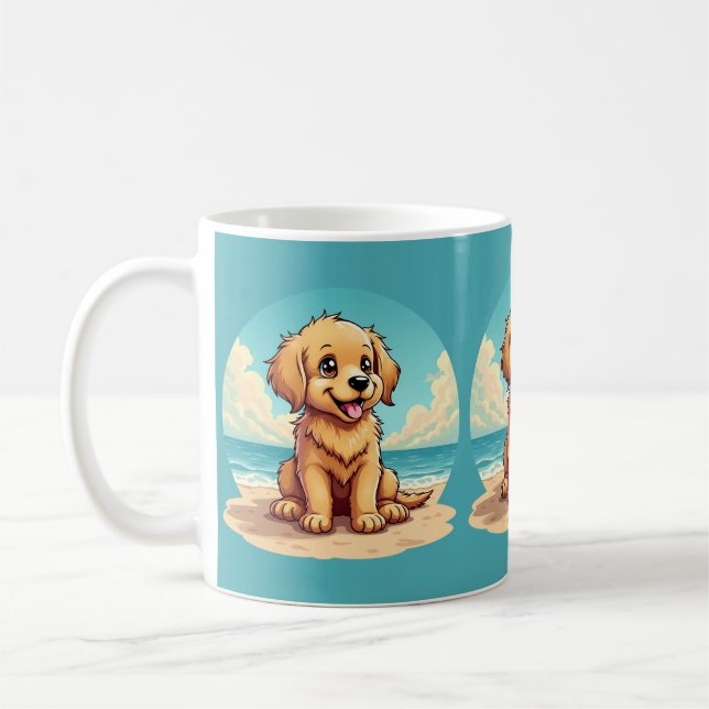 Cute Golden Puppy at Sunny Beach Scene Kaffeetasse (Links)