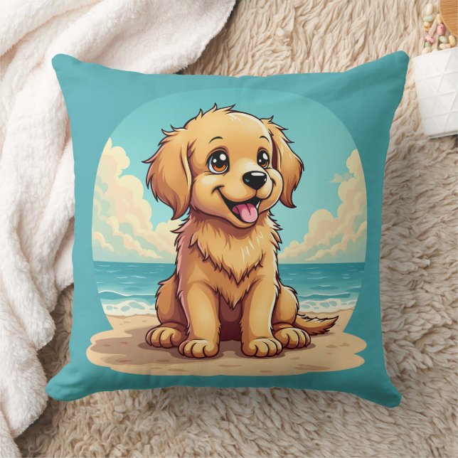 Cute Golden Puppy at Sunny Beach Scene Kissen (Decke)