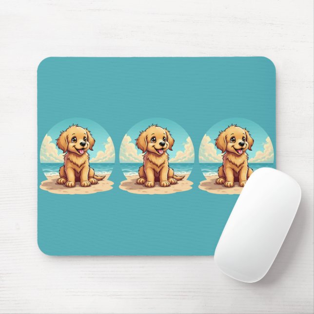 Cute Golden Puppy at Sunny Beach Scene Mousepad (Mit Mouse)