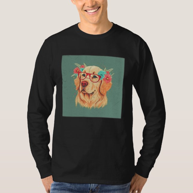 Cute Golden Retriever Illustration Floral Glasses  T-Shirt (Vorderseite)