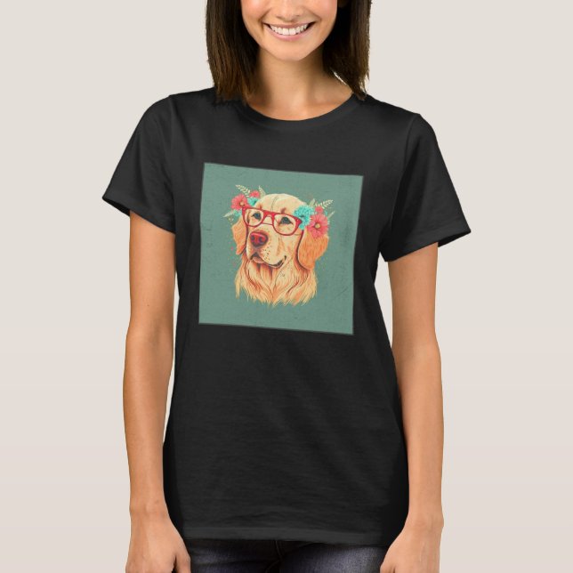 Cute Golden Retriever Illustration Floral Glasses  T-Shirt (Vorderseite)