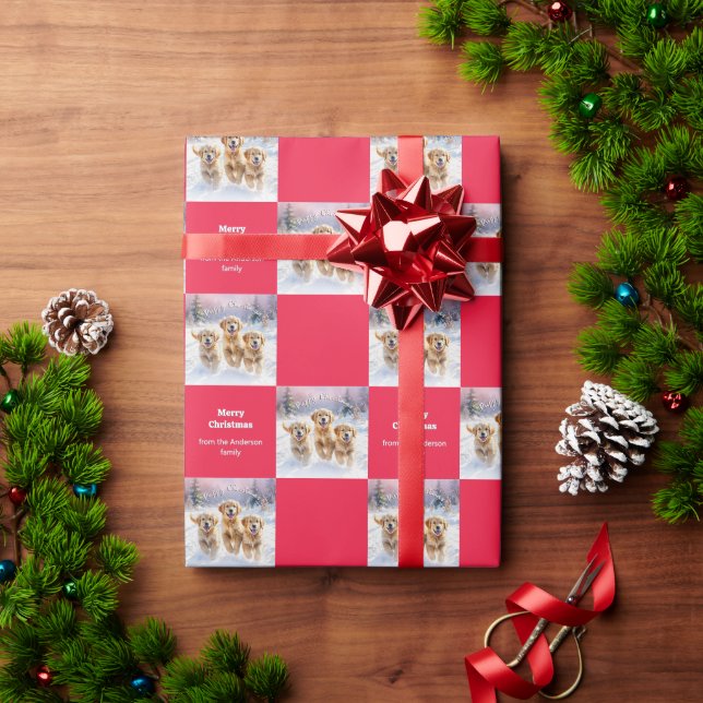 Cute Golden Retrievers In Snow Puppy Christmas Geschenkpapier (Feiertagsgeschenk)