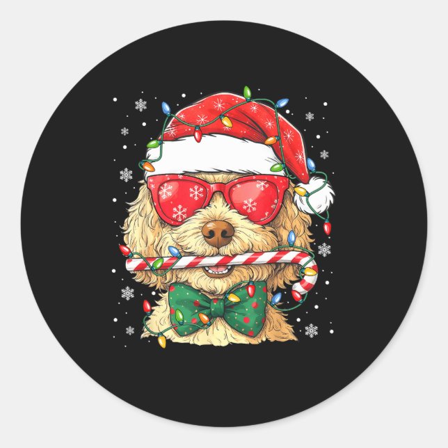 Cute Goldendoodle Santa Hat Xmas Lights Goldendood Runder Aufkleber (Vorderseite)