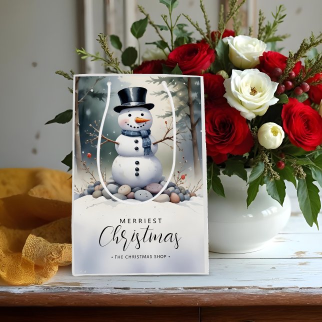 Cute Gorgeous Snowman Frosted Landscape Forest Mittlere Geschenktüte (Cute Gorgeous Snowman Frosted Landscape Forest Christmas Medium Gift Bags. )