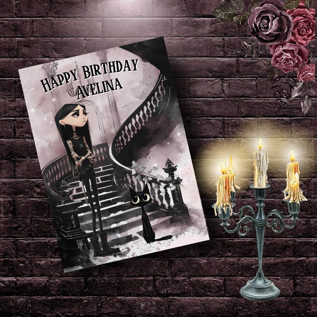 Cute Gothic Girl With Her Black Cat Birthday Card Karte (Von Creator hochgeladen)